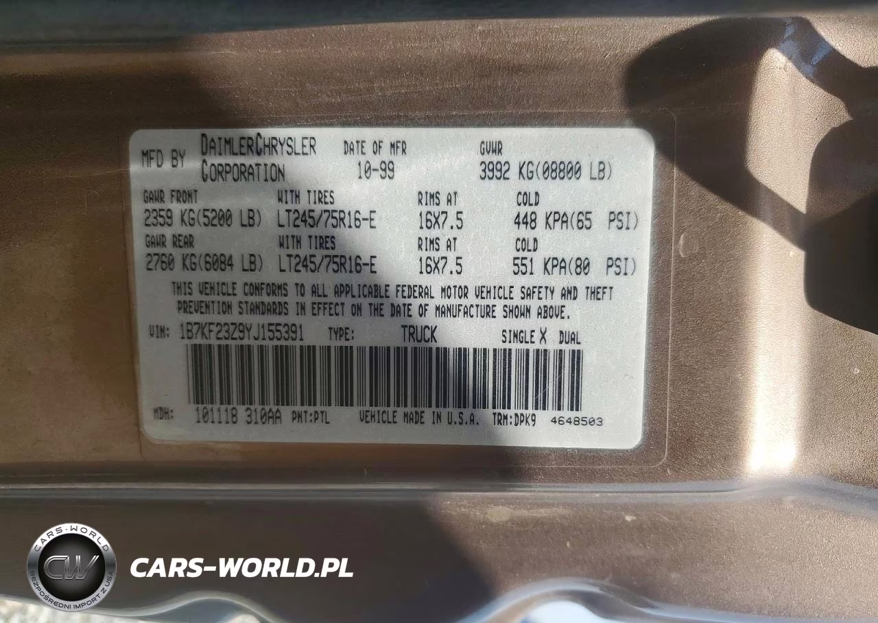 2000 Dodge Ram 2500 VIN:1B7KF23Z9YJ155391 - 12