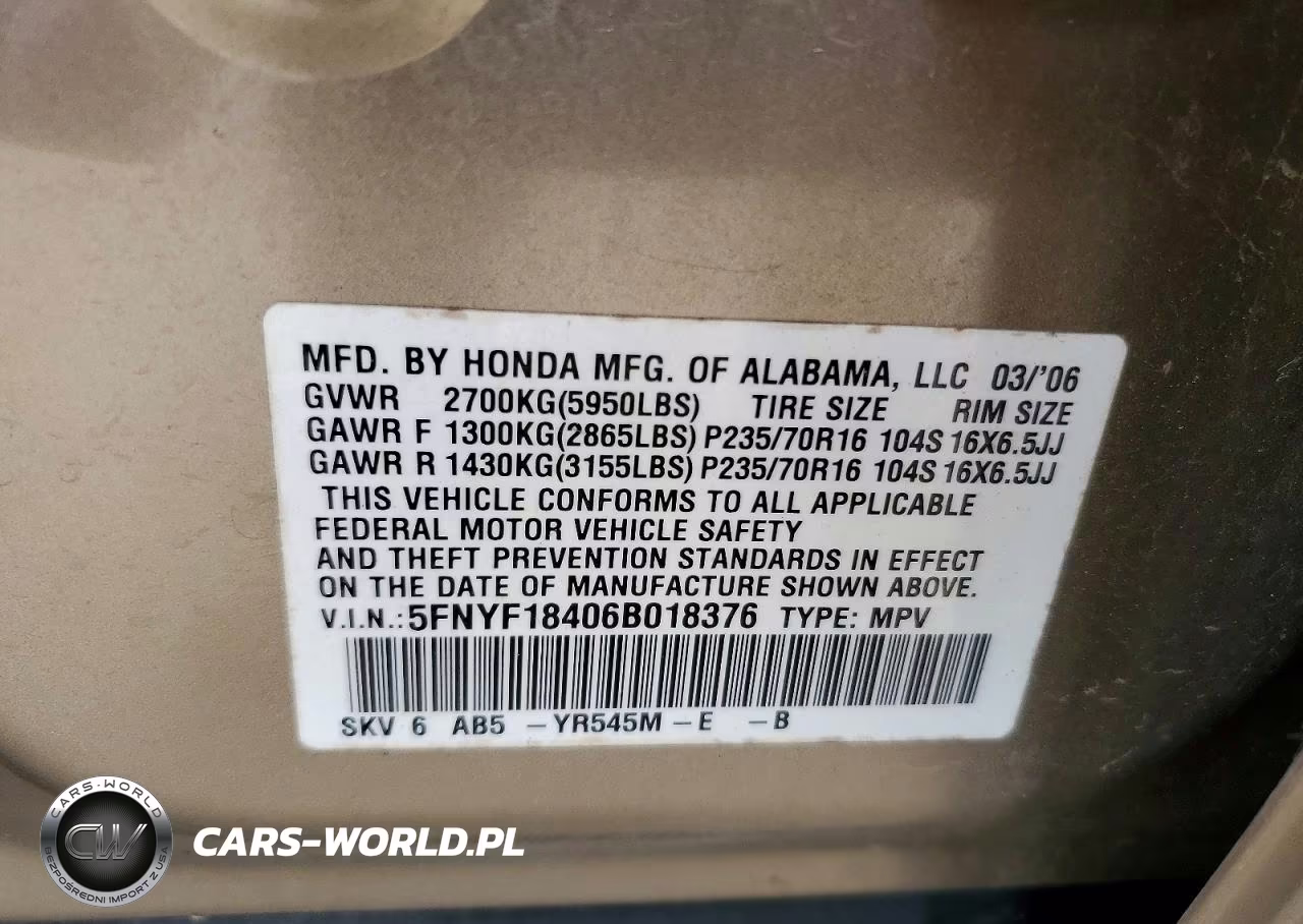 2006 Honda Pilot Ex VIN:5FNYF18406B018376 - 13