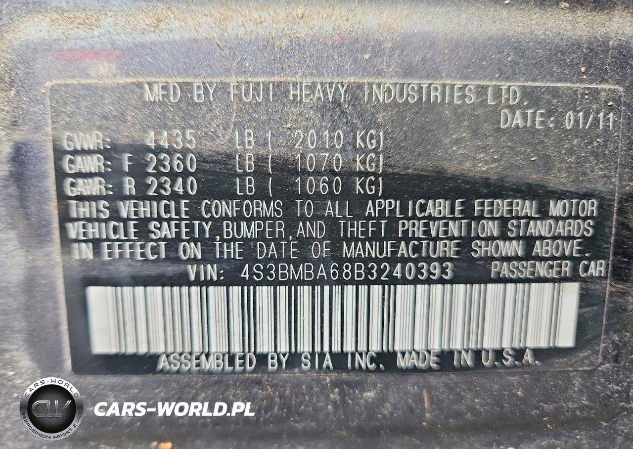 2011 Subaru Legacy 2.5I VIN:4S3BMBA68B3240393 - 12
