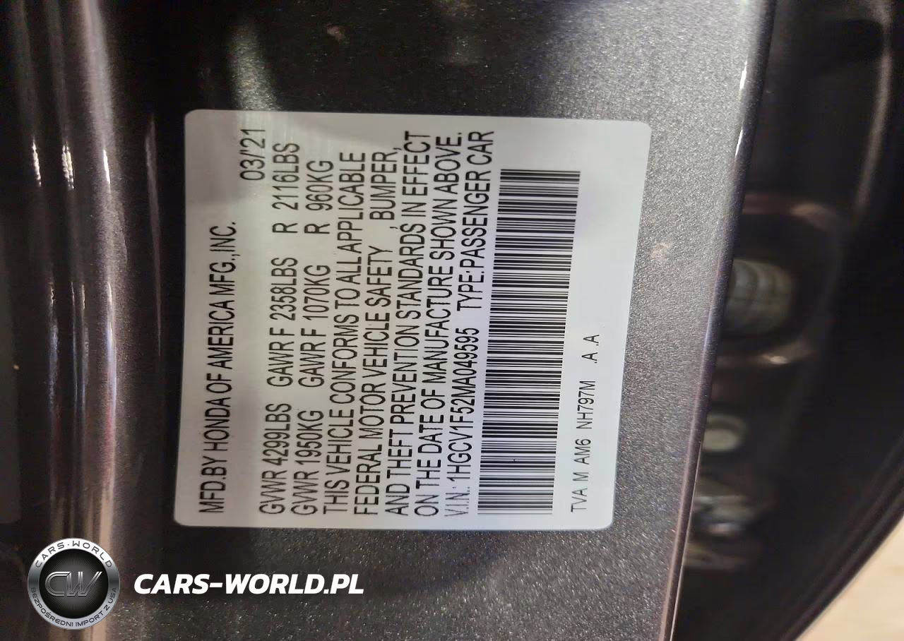 2021 Honda Accord Exl VIN:1HGCV1F52MA049595 - 12