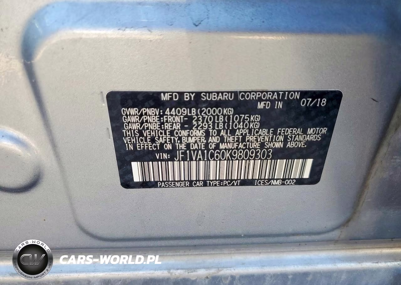 2019 Subaru Wrx Premium VIN:JF1VA1C60K9809303 - 12