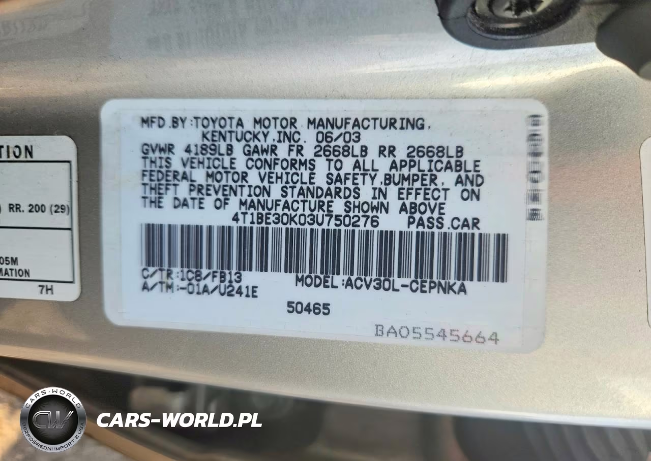 2003 Toyota Camry Le VIN:4T1BE30K03U750276 - 12