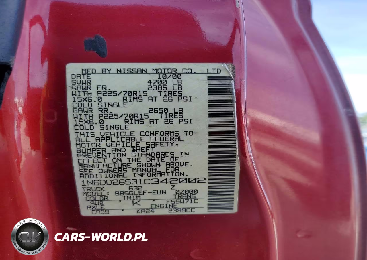 2001 Nissan Frontier Xe VIN:1N6DD26S31C342002 - 12