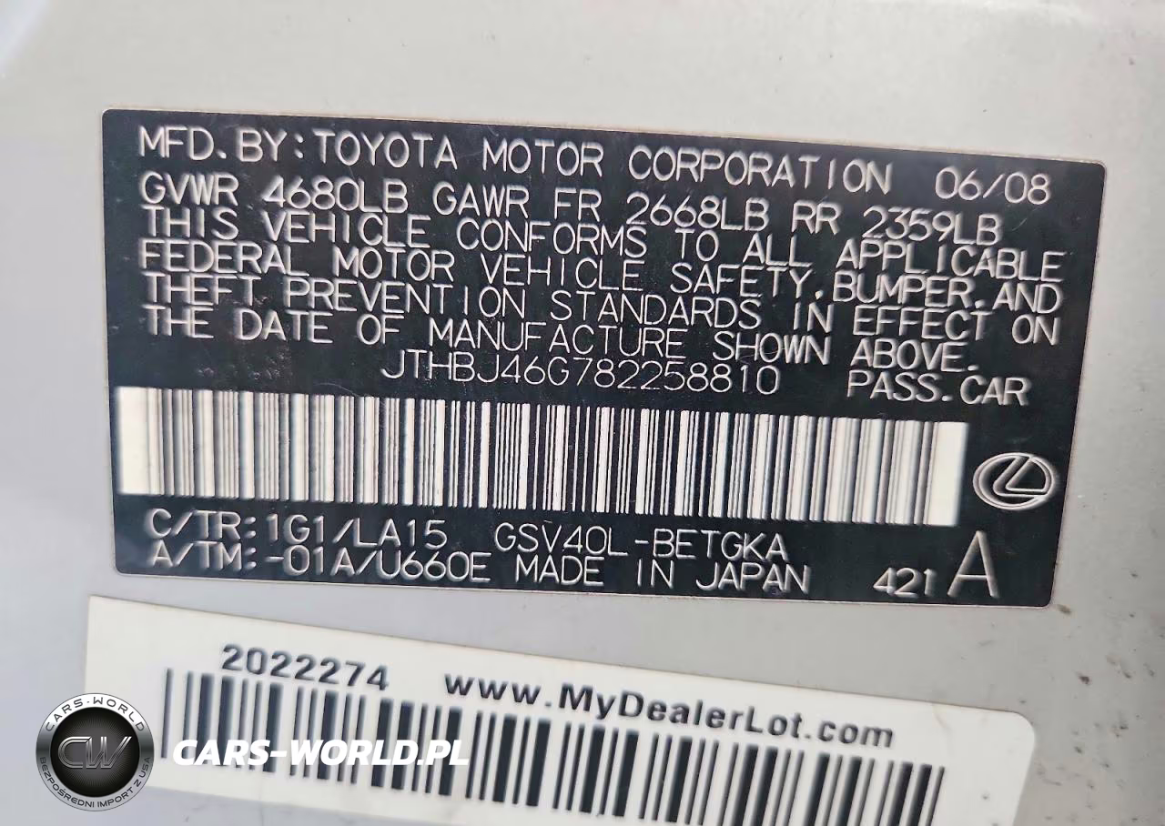 2008 Lexus Es 350 VIN:JTHBJ46G782258810 - 12