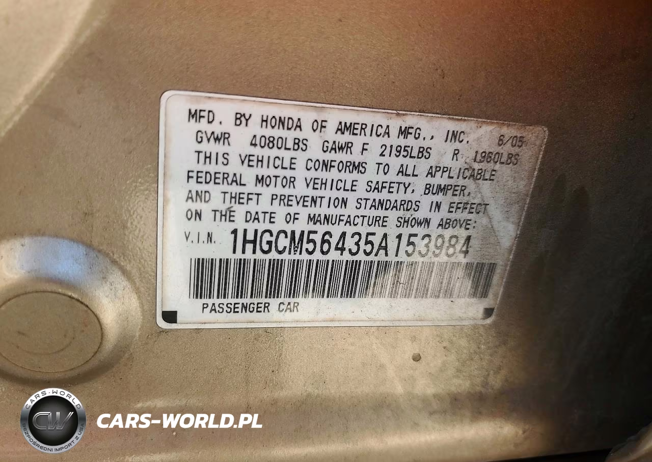 2005 Honda Accord Lx VIN:1HGCM56435A153984 - 12