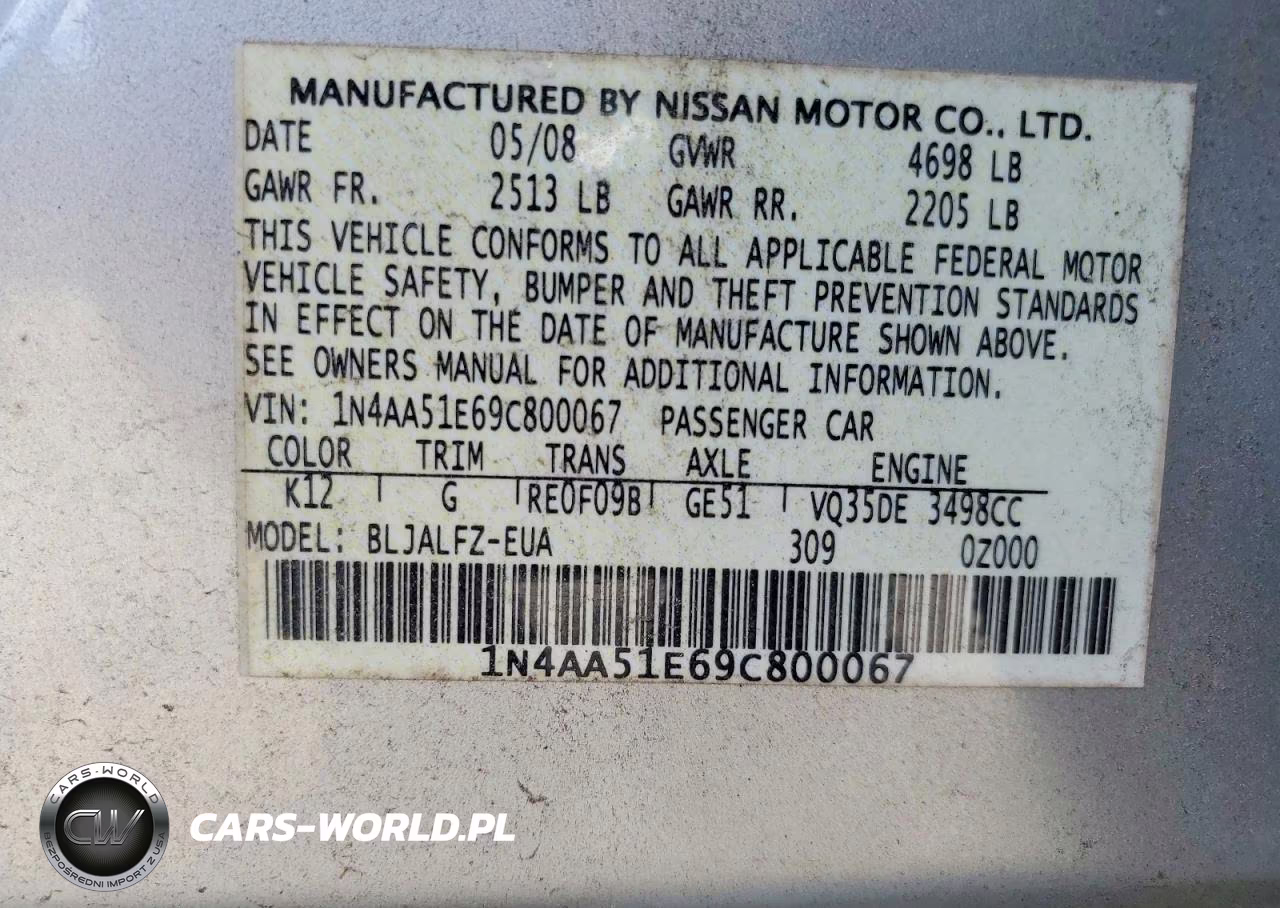 2009 Nissan Maxima 3.5 S VIN:1N4AA51E69C800067 - 12
