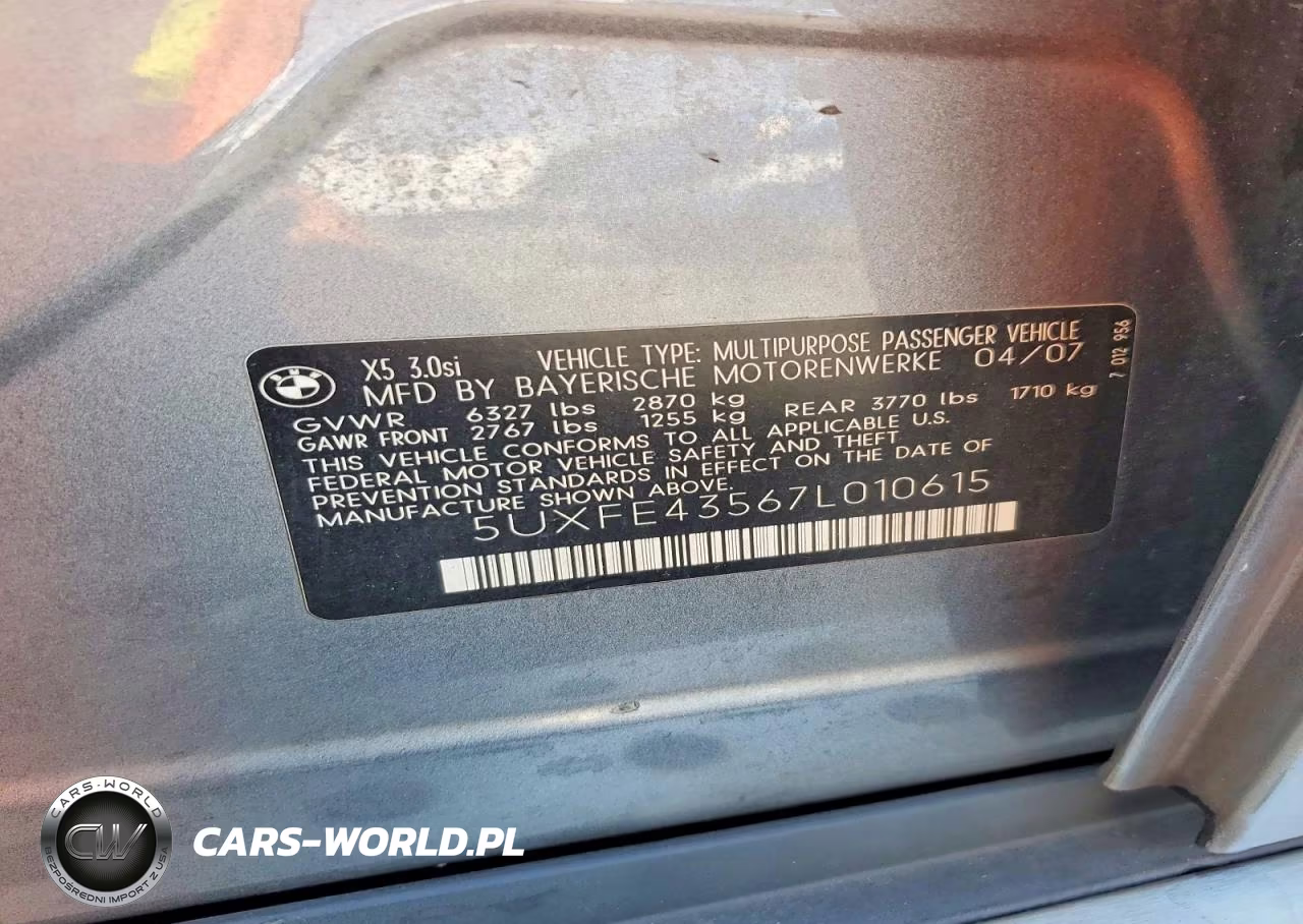 2007 BMW X5 3.0I VIN:5UXFE43567L010615 - 13