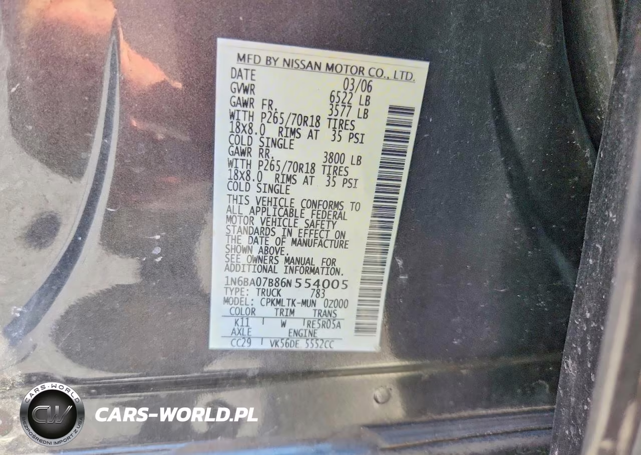 2006 Nissan Titan Xe Ffv VIN:1N6BA07B86N554005 - 12