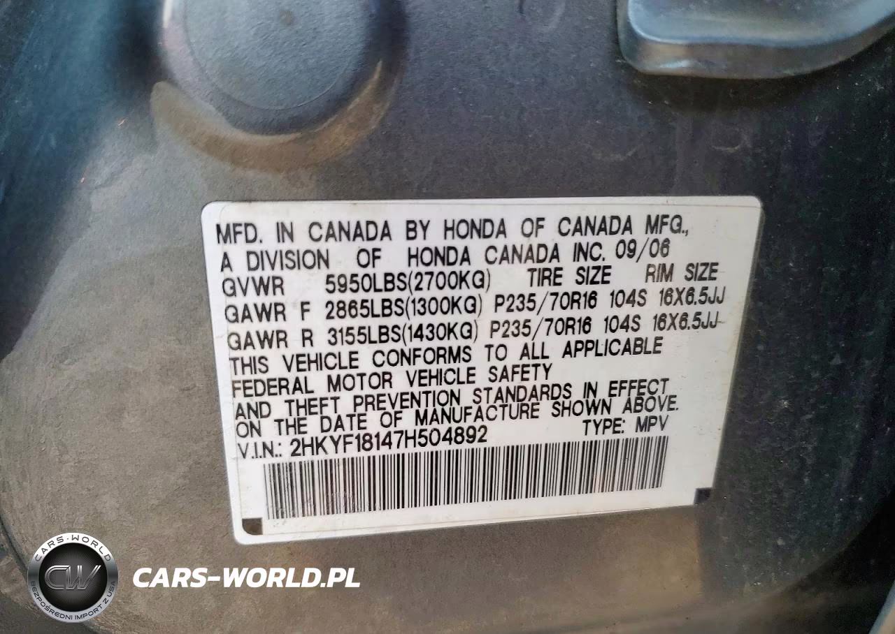 2007 Honda Pilot Lx VIN:2HKYF18147H504892 - 13