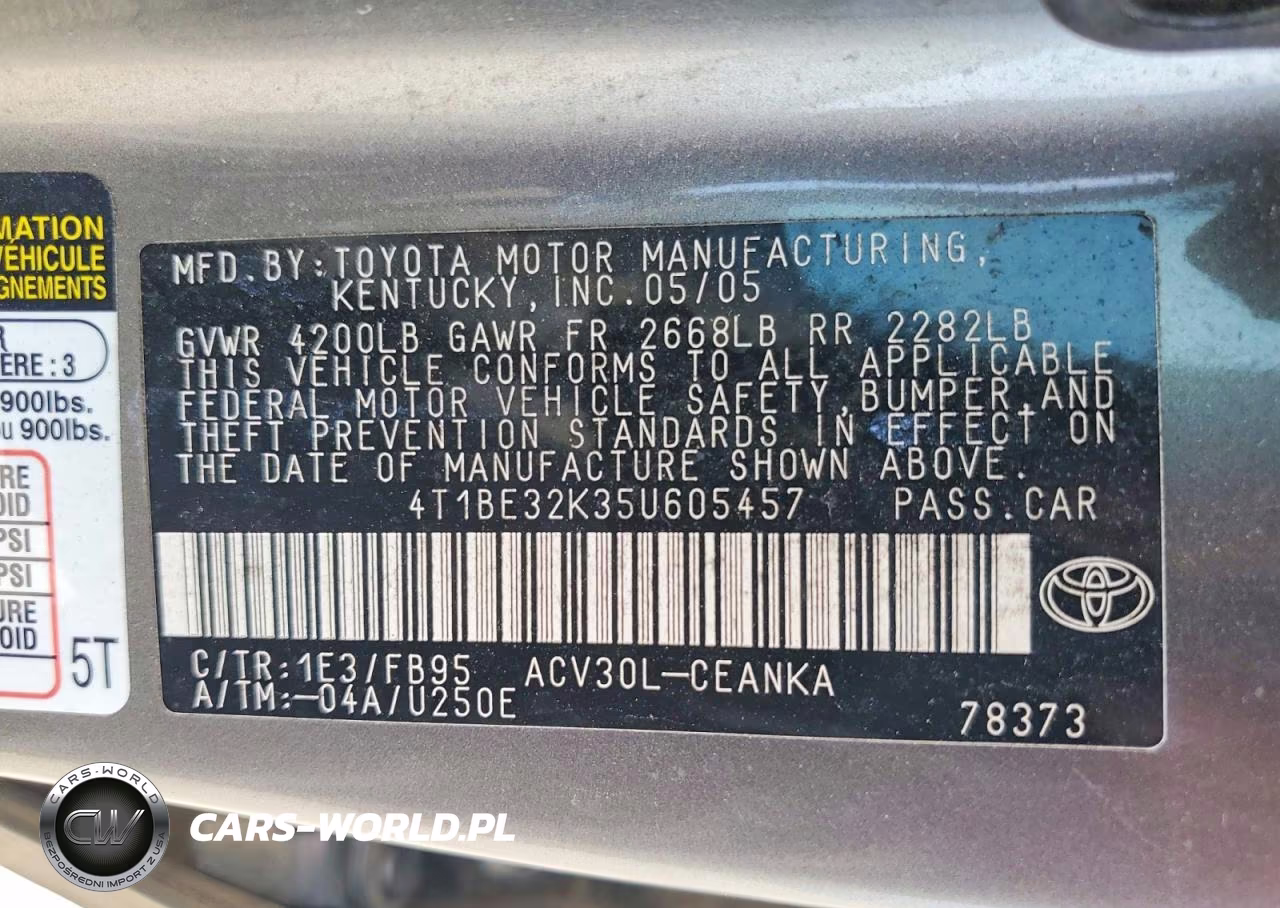 2005 Toyota Camry Standard VIN:4T1BE32K35U605457 - 12