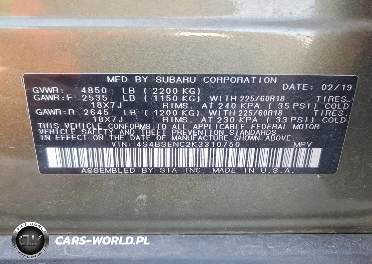 2019 Subaru Outback 3.6R Limited VIN:4S4BSENC2K3310750 - 13