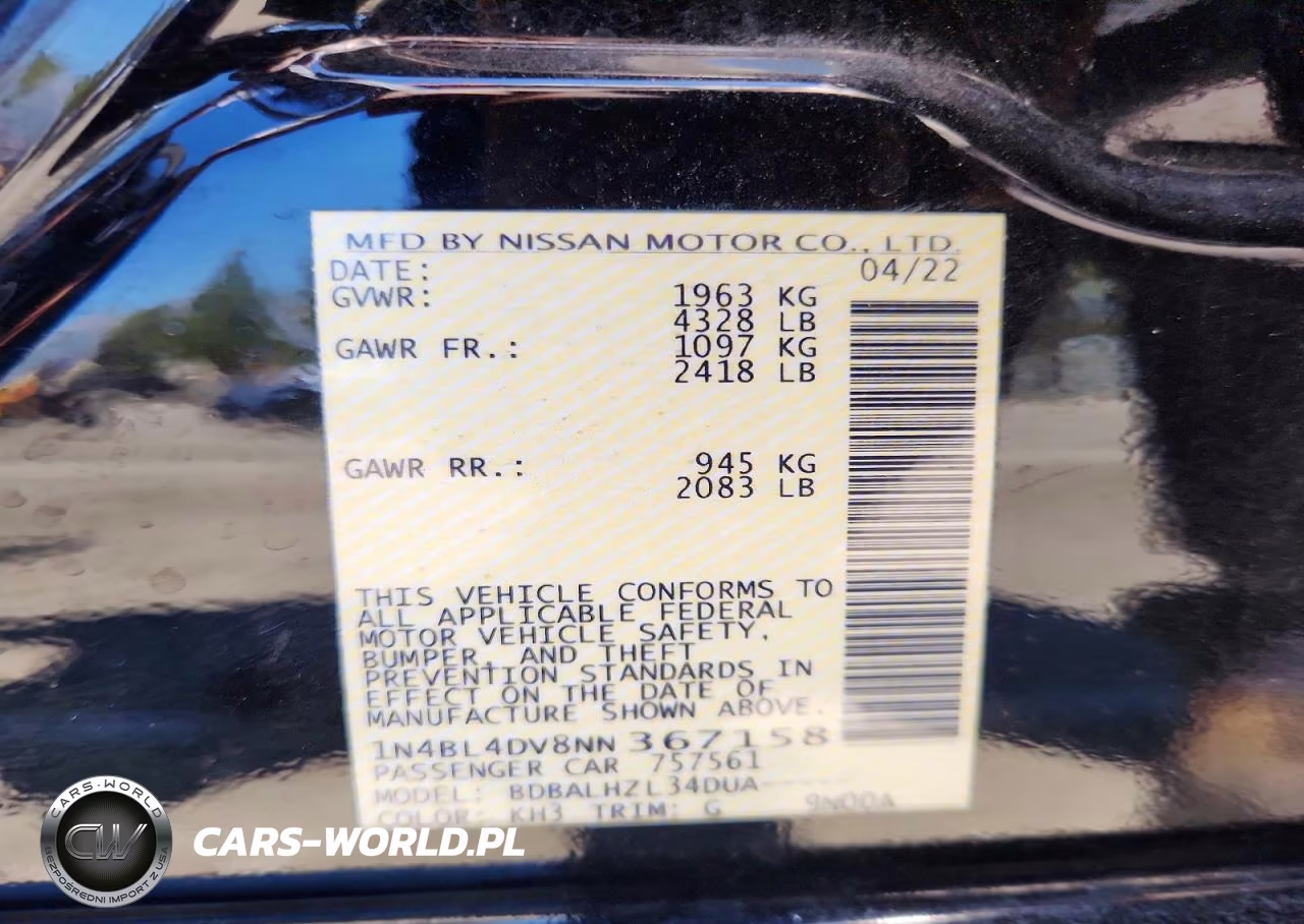 2022 Nissan Altima Sv VIN:1N4BL4DV8NN367158 - 12