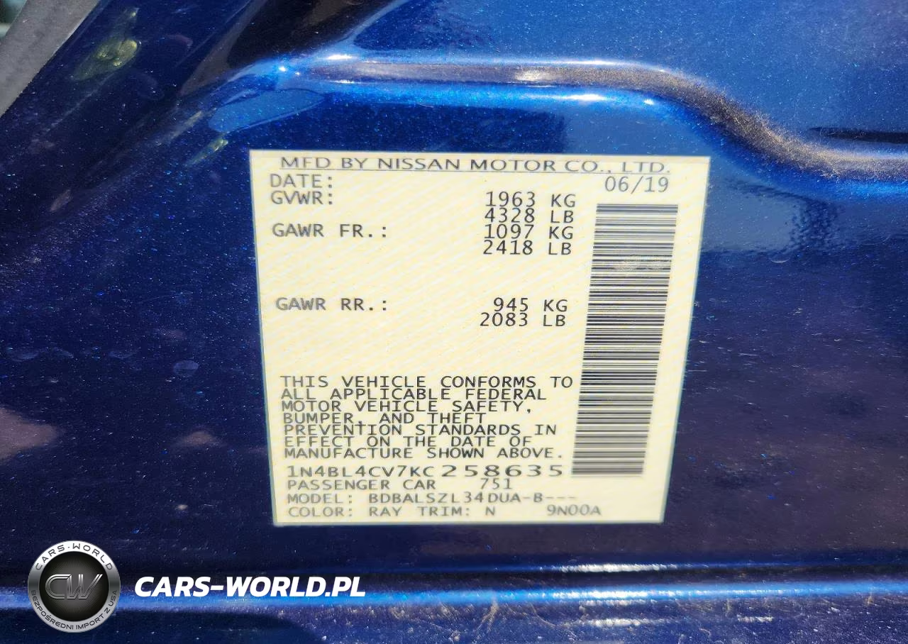 2019 Nissan Altima Sr VIN:1N4BL4CV7KC258635 - 13