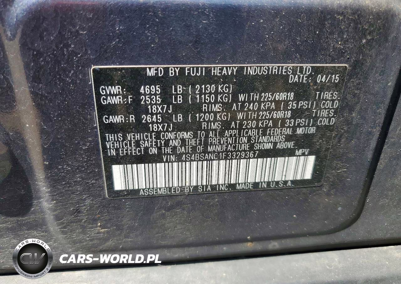 2015 Subaru Outback 2.5I Limited VIN:4S4BSANC1F3329367 - 12