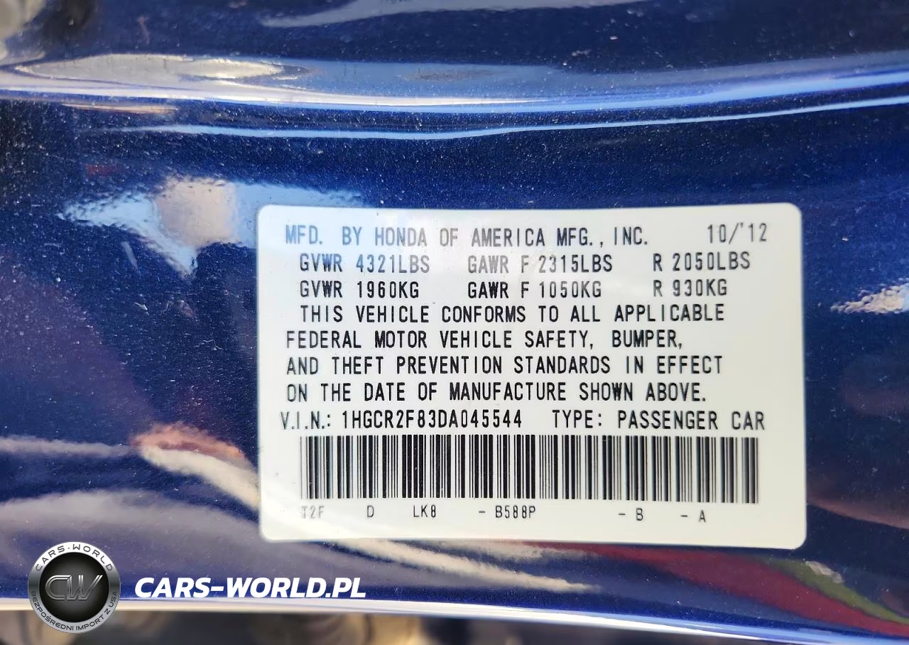 2013 Honda Accord Exl VIN:1HGCR2F83DA045544 - 12