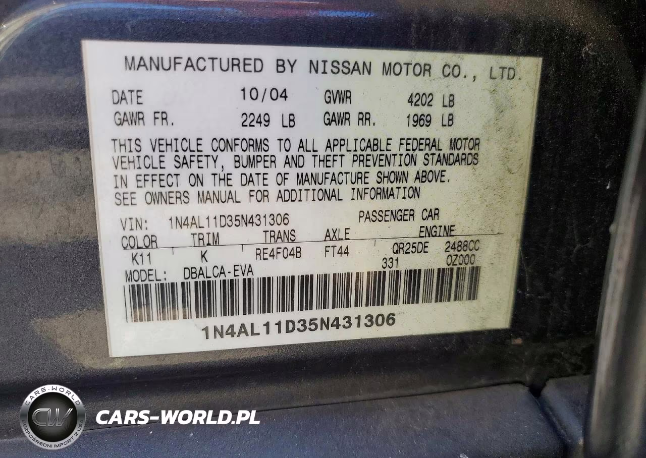 2005 Nissan Altima 2.5 VIN:1N4AL11D35N431306 - 12