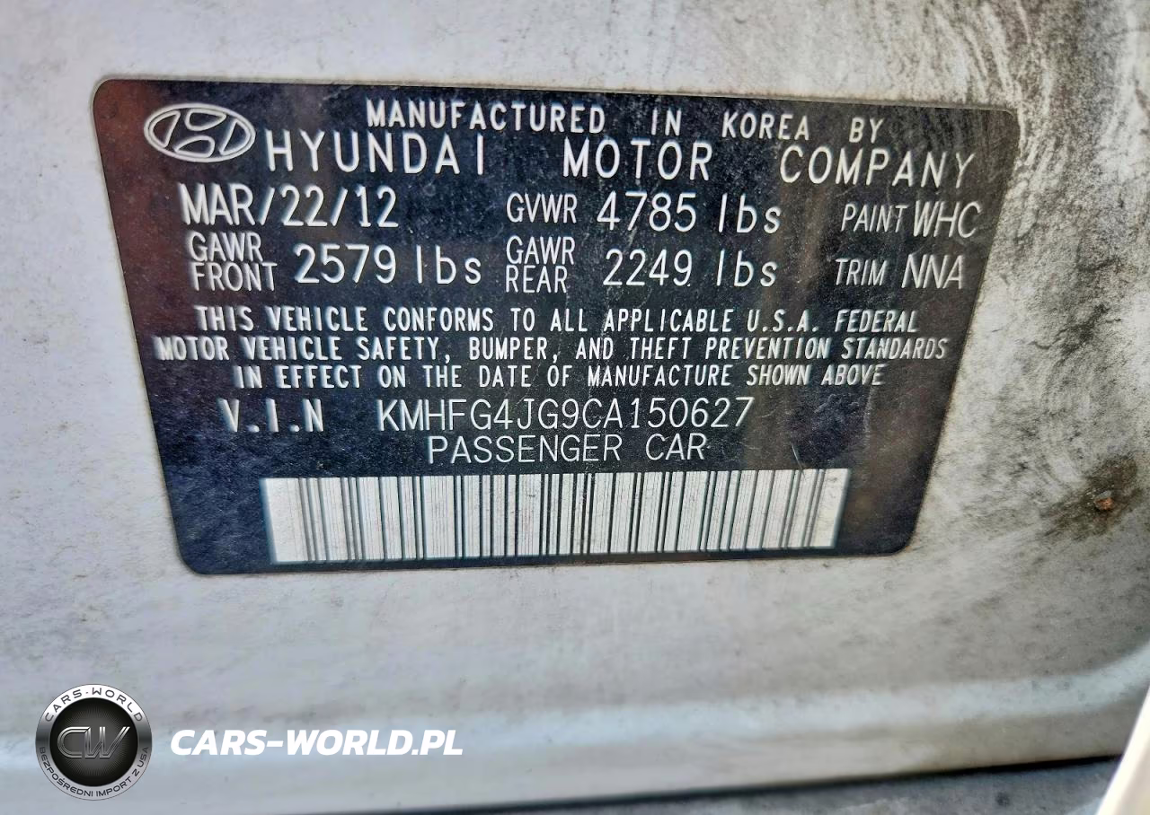 2012 Hyundai Azera Base VIN:KMHFG4JG9CA150627 - 12