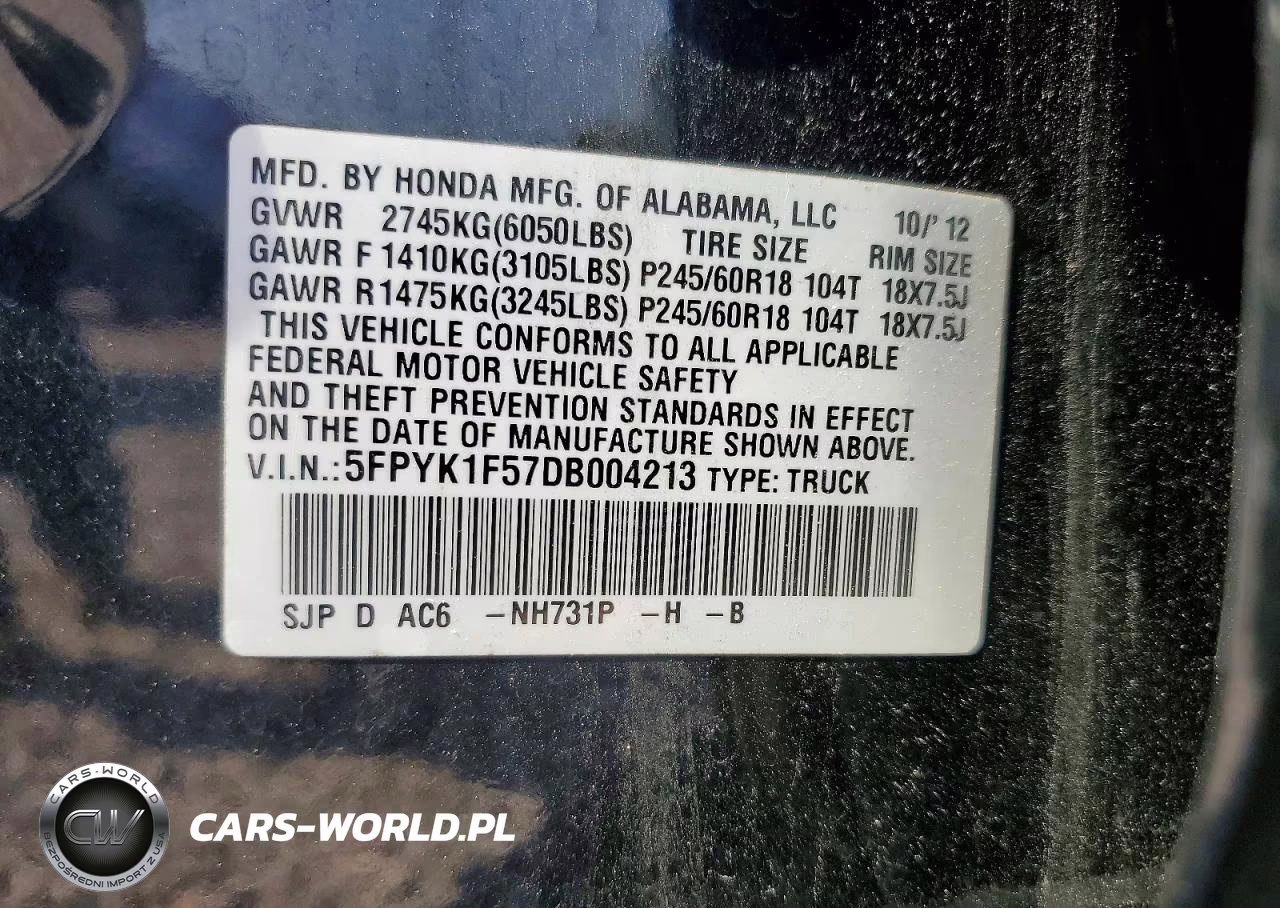 2013 Honda Ridgeline Rtl VIN:5FPYK1F57DB004213 - 12