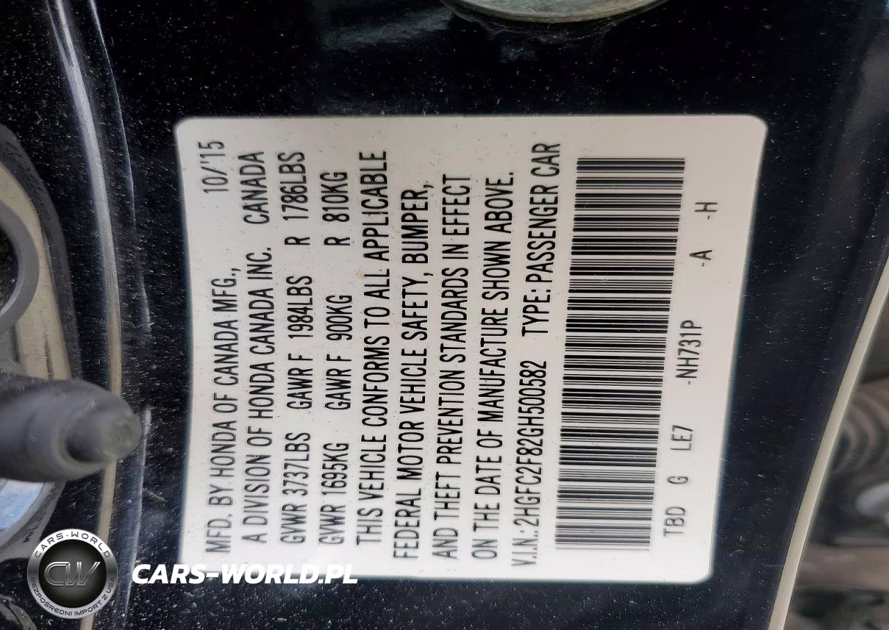 HONDA CIVIC VIN:2HGFC2F82GH500582 - 12
