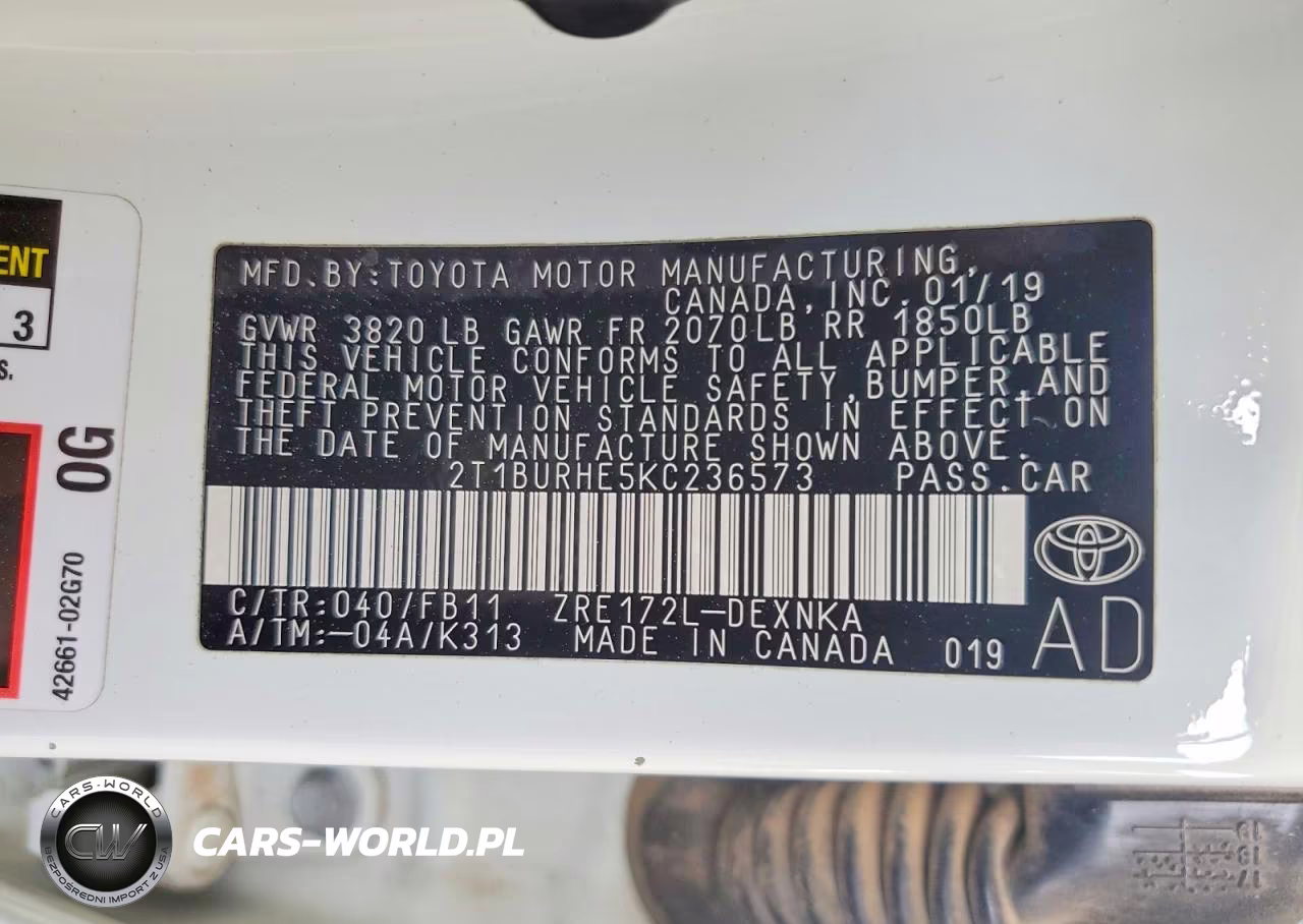 2019 Toyota Corolla Le VIN:2T1BURHE5KC236573 - 12