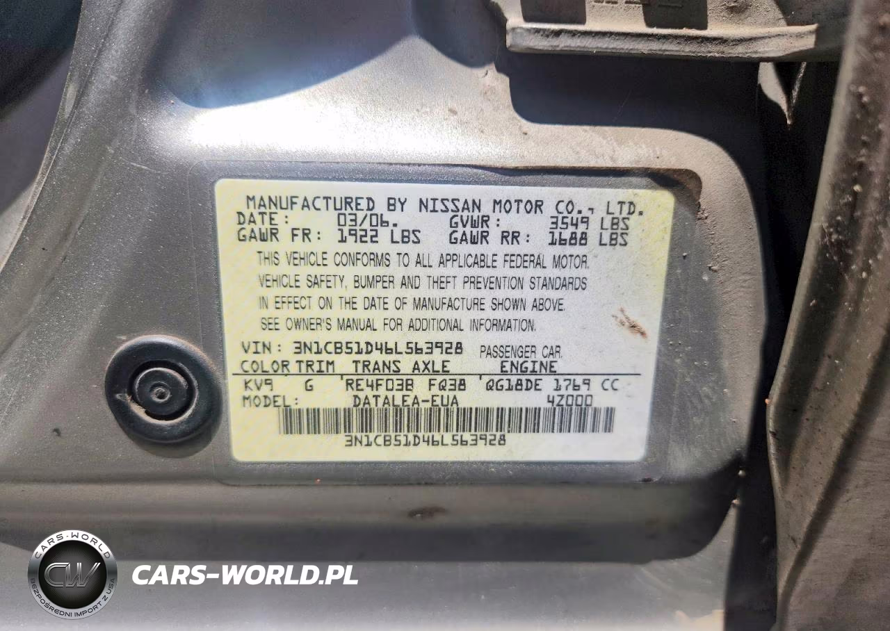 2006 Nissan Sentra 1.8 VIN:3N1CB51D46L563928 - 12