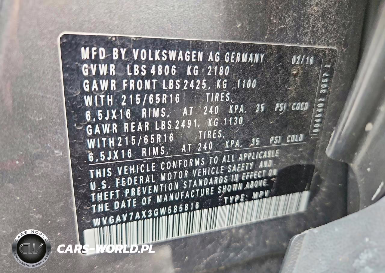2016 Volkswagen Tiguan S VIN:WVGAV7AX3GW585816 - 13