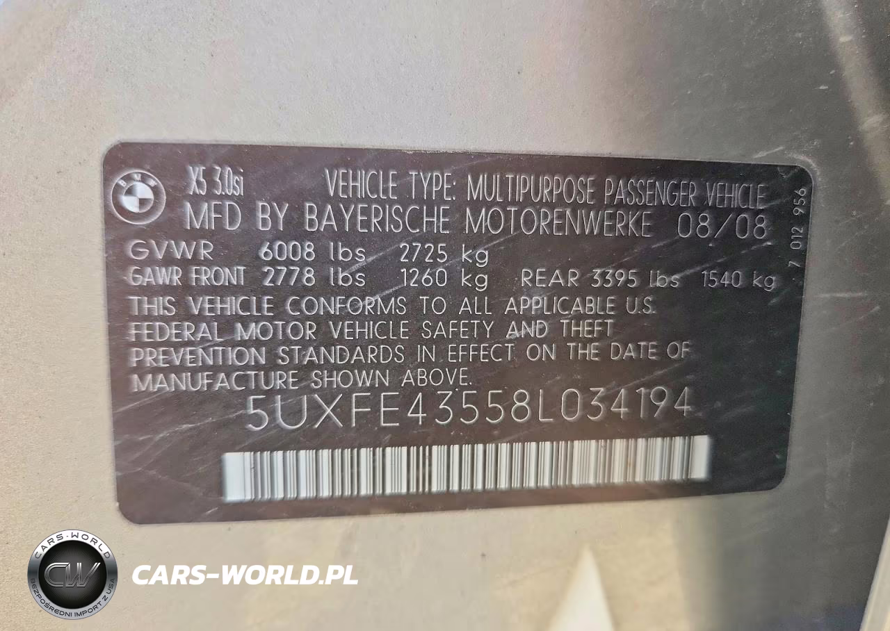 2008 BMW X5 3.0I VIN:5UXFE43558L034194 - 12