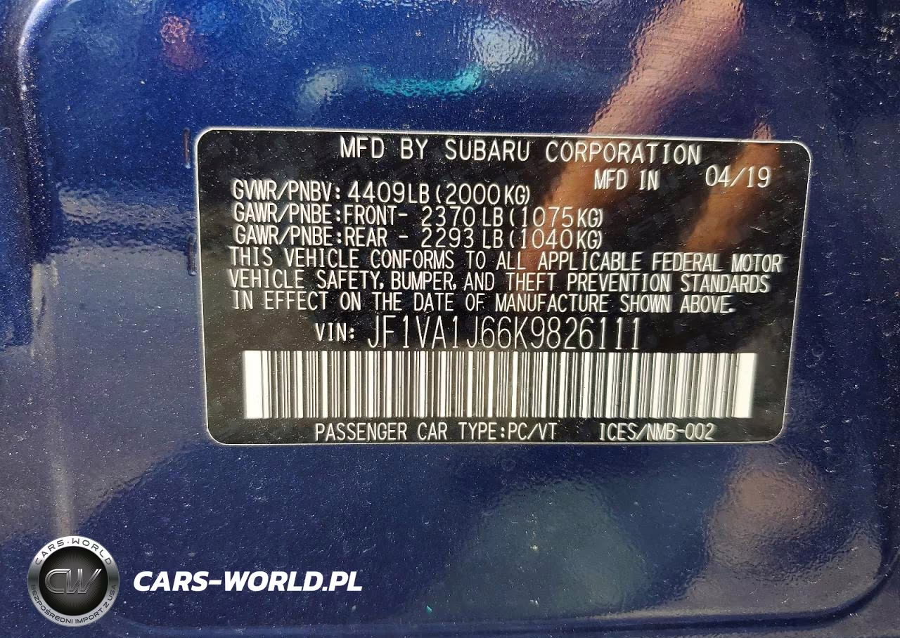 2019 Subaru Wrx Limited VIN:JF1VA1J66K9826111 - 12