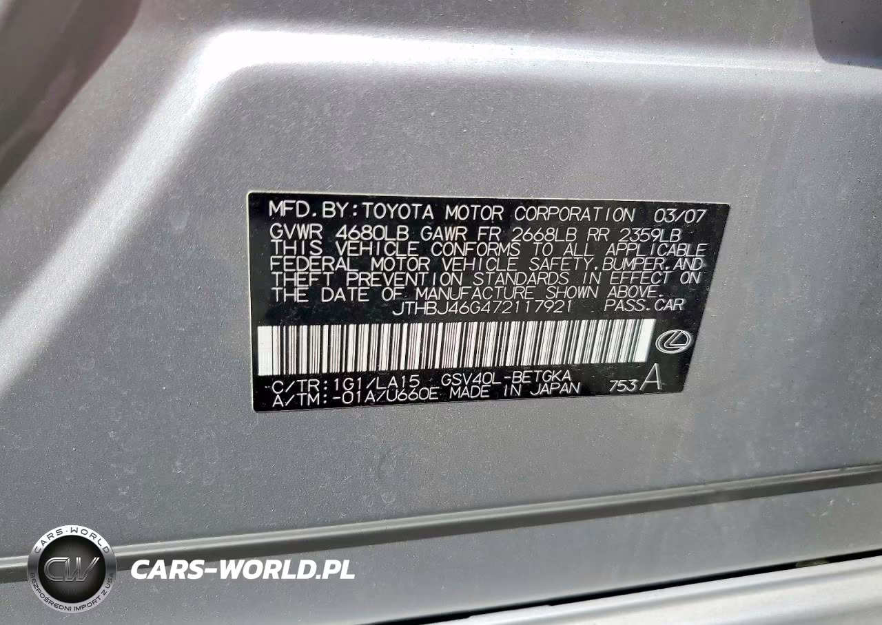 2007 Lexus Es 350 VIN:JTHBJ46G472117921 - 12