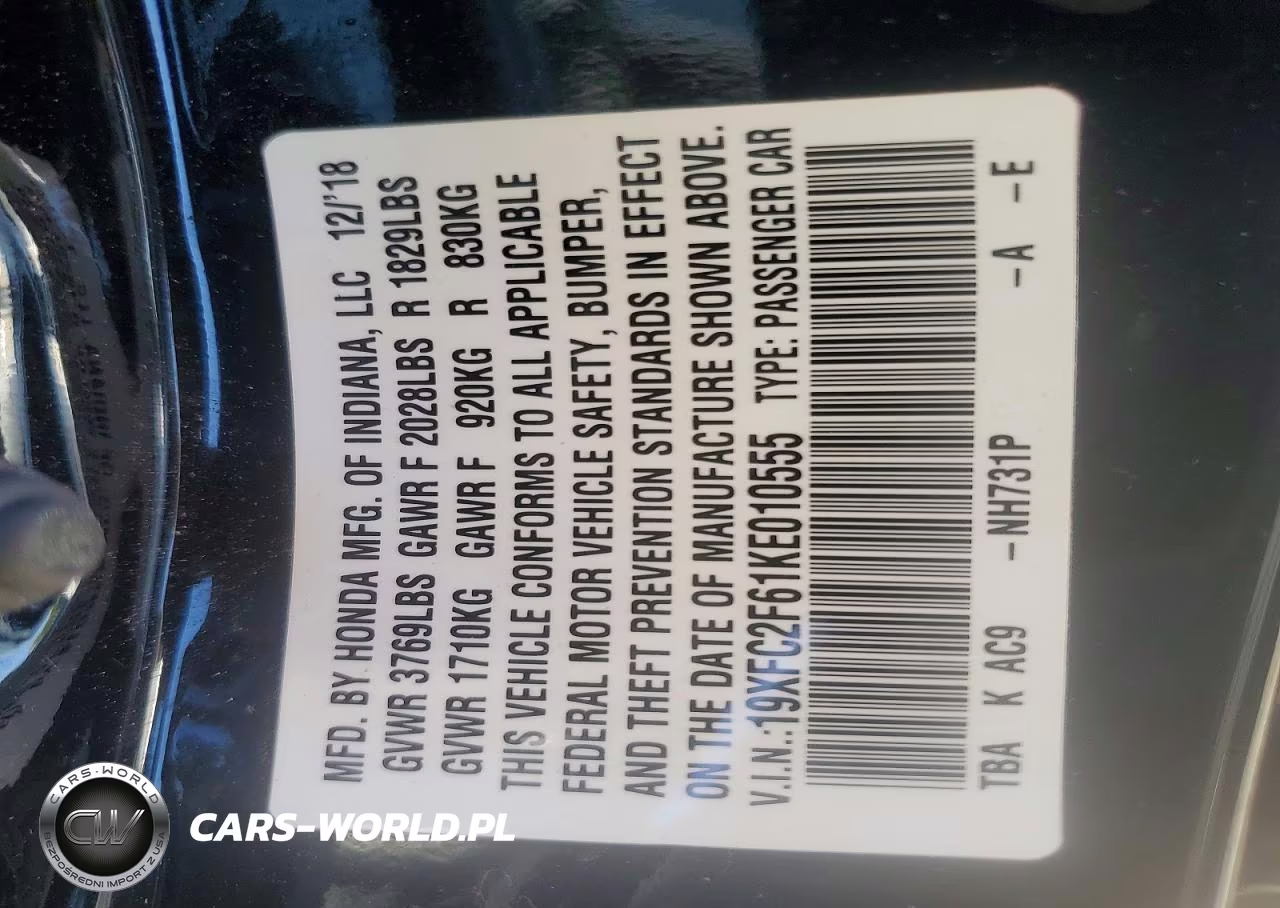 2019 Honda Civic Lx VIN:19XFC2F61KE010555 - 12