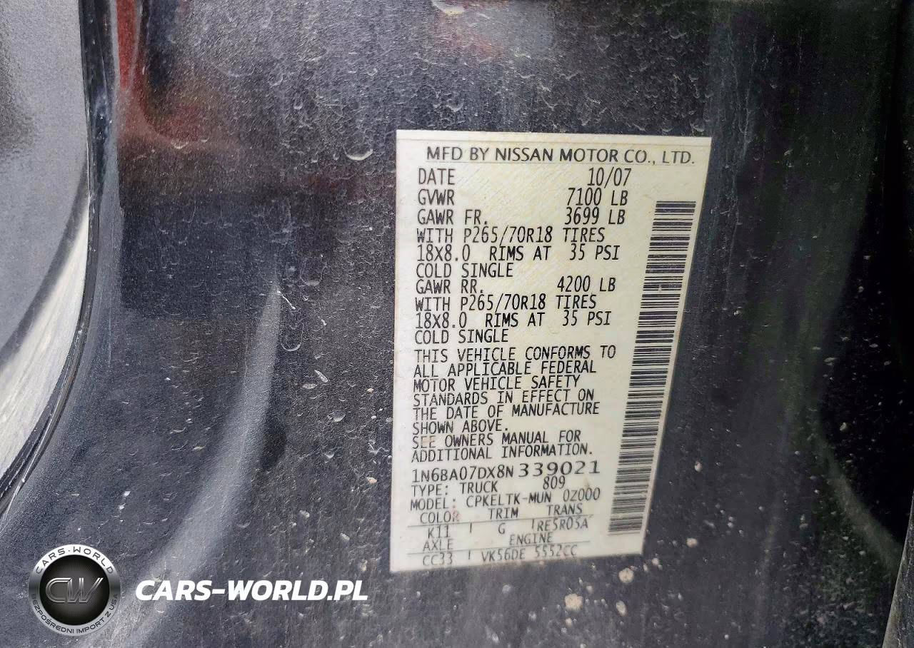 2008 Nissan Titan Xe Ffv VIN:1N6BA07DX8N339021 - 12