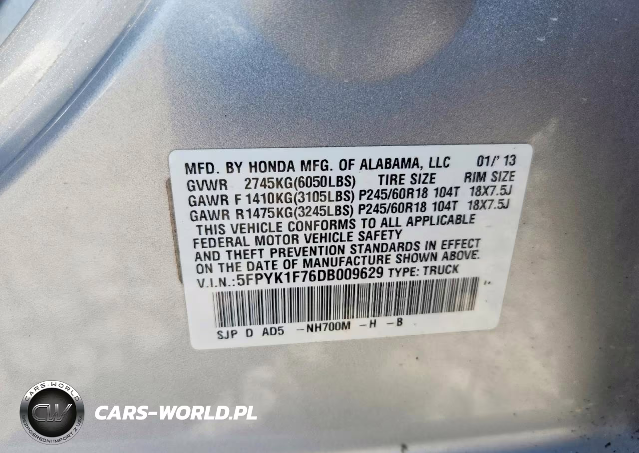 2013 Honda Ridgeline Sport VIN:5FPYK1F76DB009629 - 13