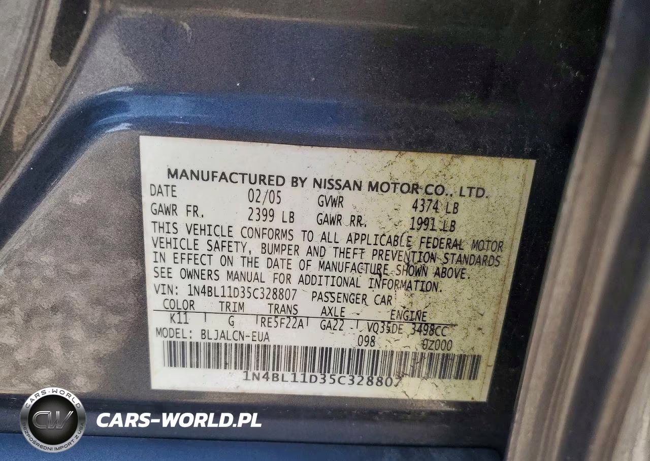 2005 Nissan Altima 3.5 Se VIN:1N4BL11D35C328807 - 12
