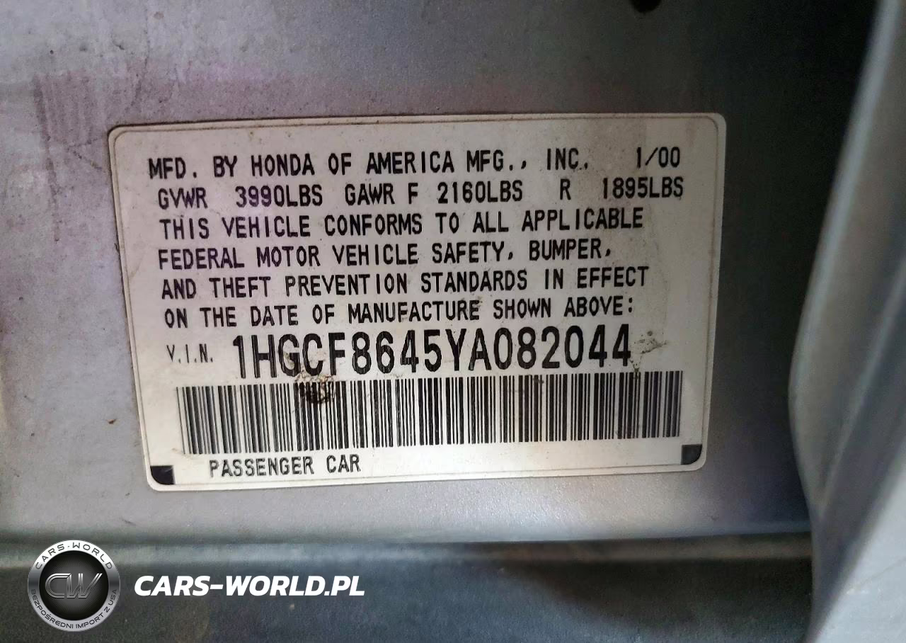 2000 Honda Accord Dx VIN:1HGCF8645YA082044 - 12