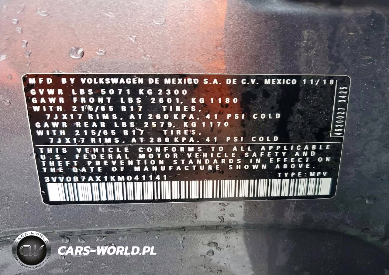 2019 Volkswagen Tiguan S VIN:3VV0B7AX1KM041141 - 13
