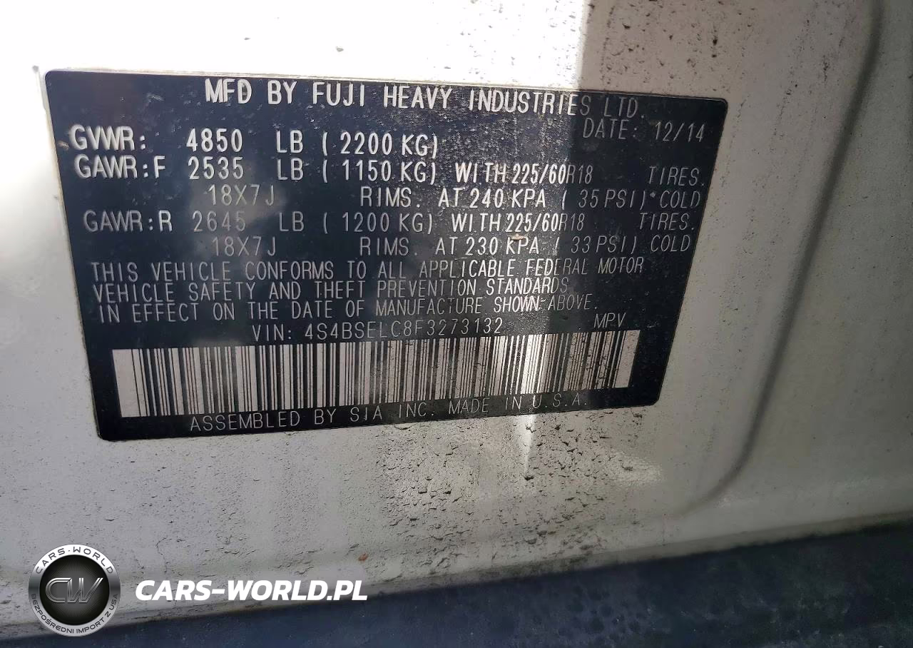 2015 Subaru Outback 3.6R Limited VIN:4S4BSELC8F3273132 - 13