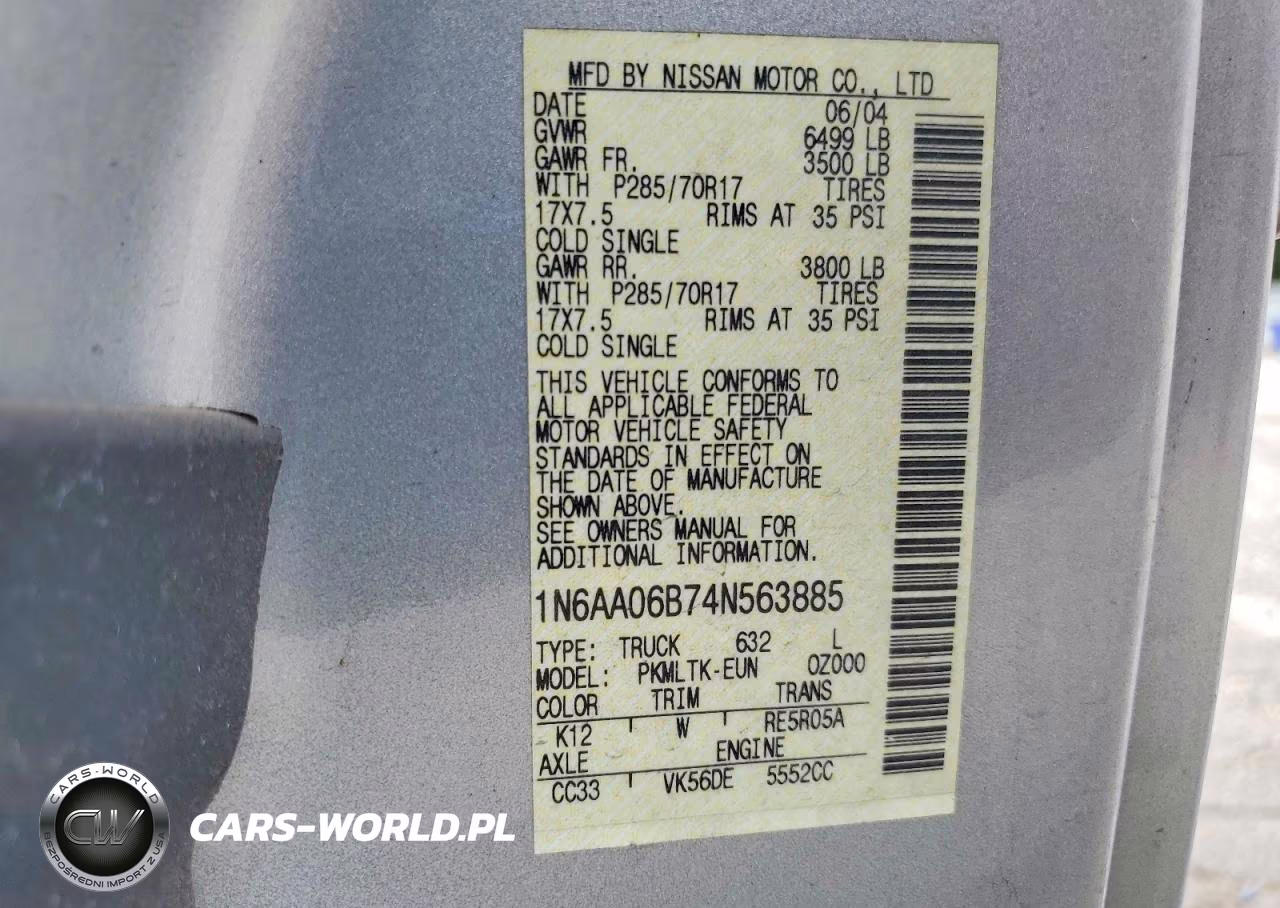 2004 Nissan Titan Xe VIN:1N6AA06B74N563885 - 13