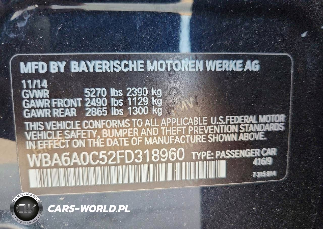 2015 BMW 640 I Gran Coupe VIN:WBA6A0C52FD318960 - 13