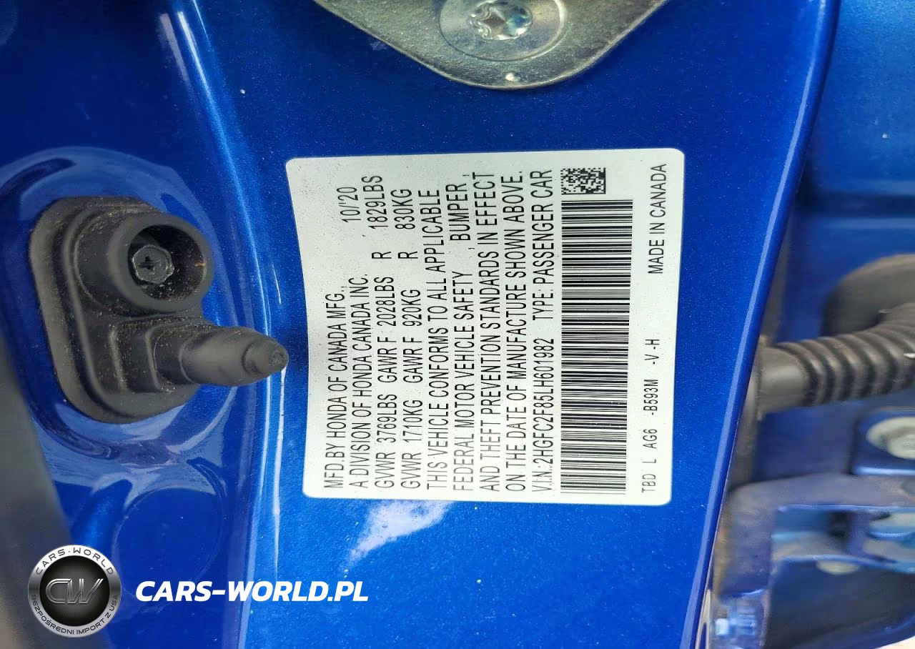 2020 Honda Civic Sport VIN:2HGFC2F85LH601982 - 12