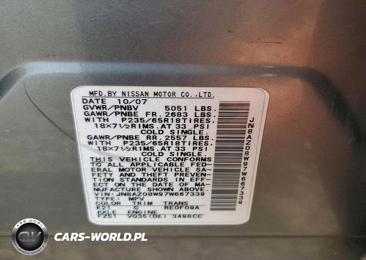 2007 Nissan Murano S VIN:JN8AZ08W97W667339 - 13