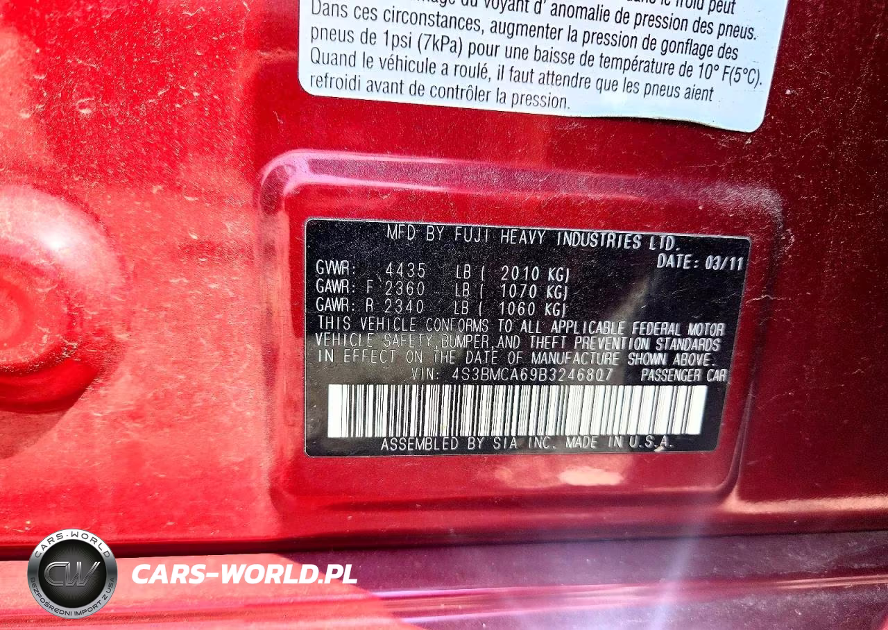 2011 Subaru Legacy 2.5I VIN:4S3BMCA69B3246807 - 12