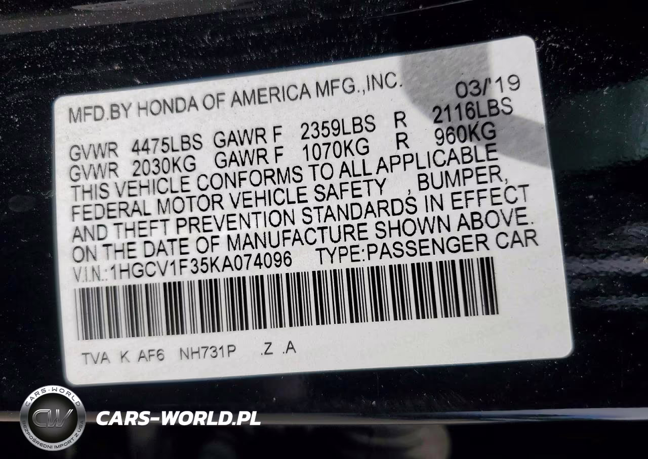 2019 Honda Accord Sport VIN:1HGCV1F35KA074096 - 13