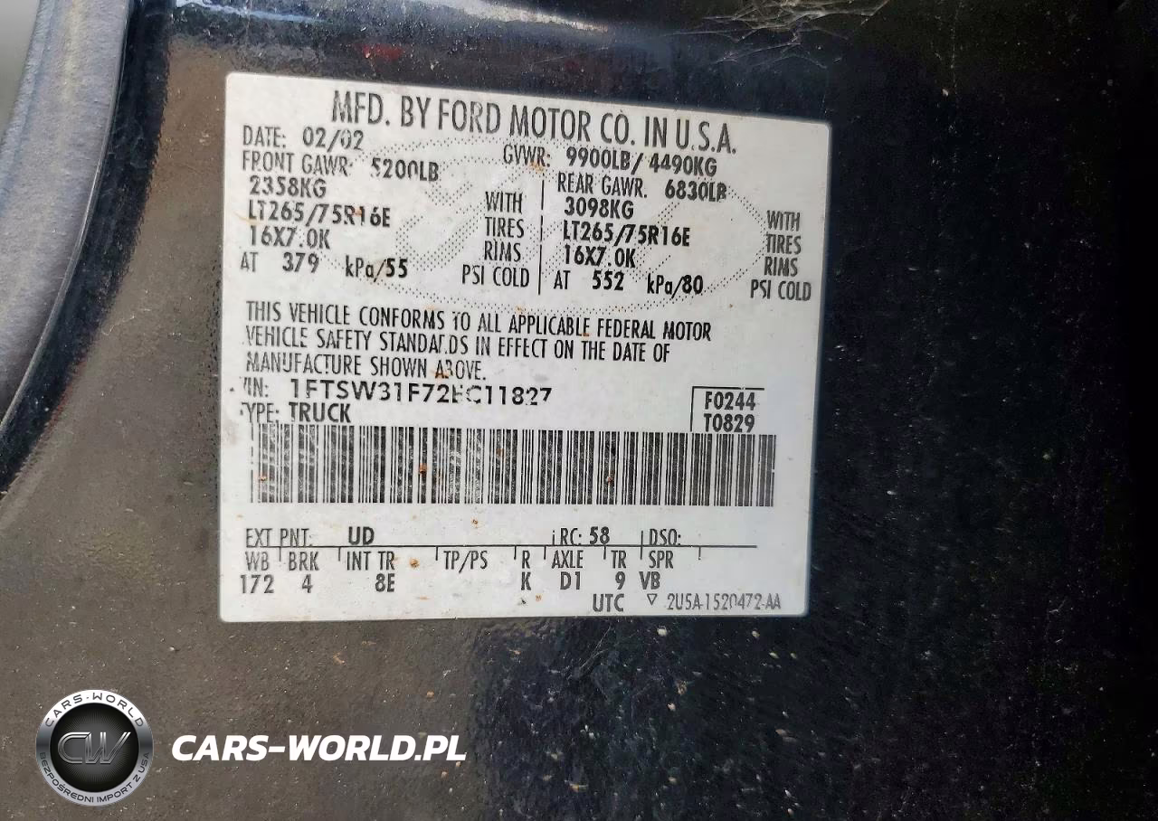 2002 Ford F350 Srw Super Duty VIN:1FTSW31F72EC11827 - 12