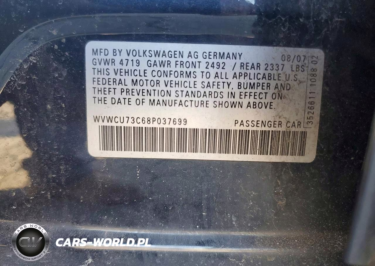 2008 Volkswagen Passat Vr6 VIN:WVWCU73C68P037699 - 12