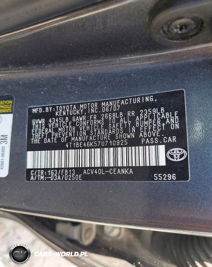 2007 Toyota Camry Le VIN:4T1BE46K57U710925 - 12