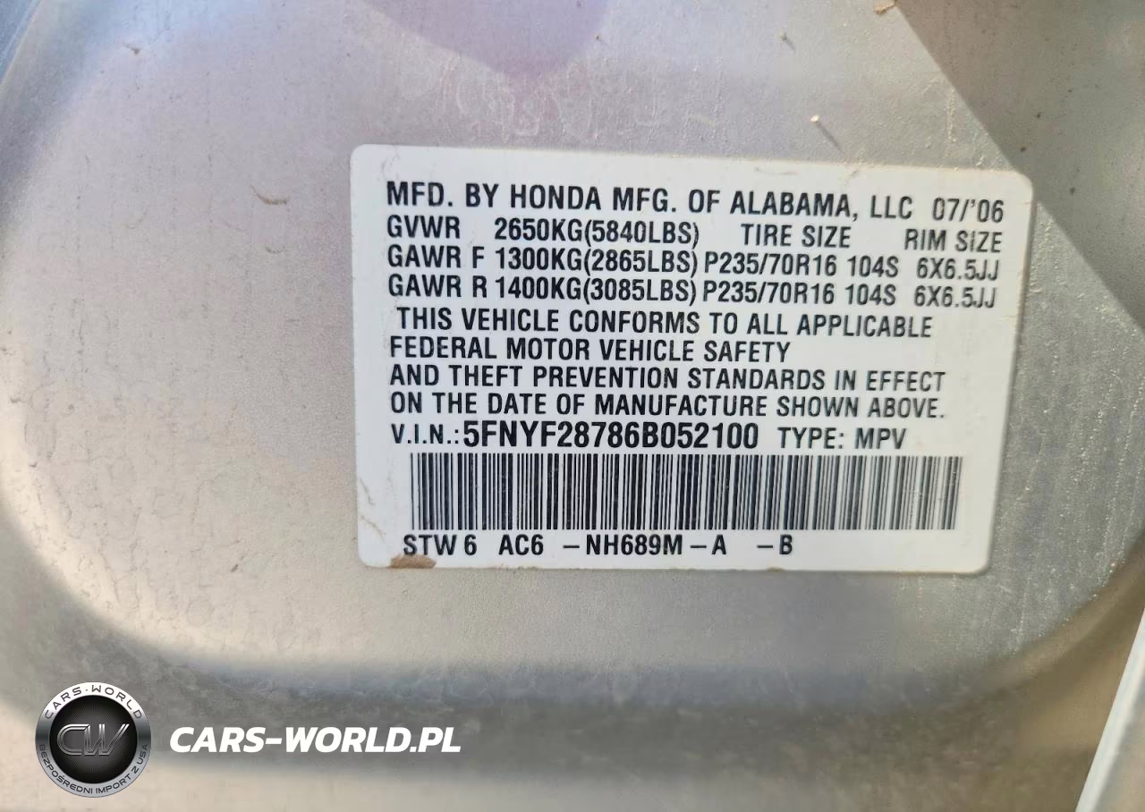 2006 Honda Pilot Ex VIN:5FNYF28786B052100 - 13