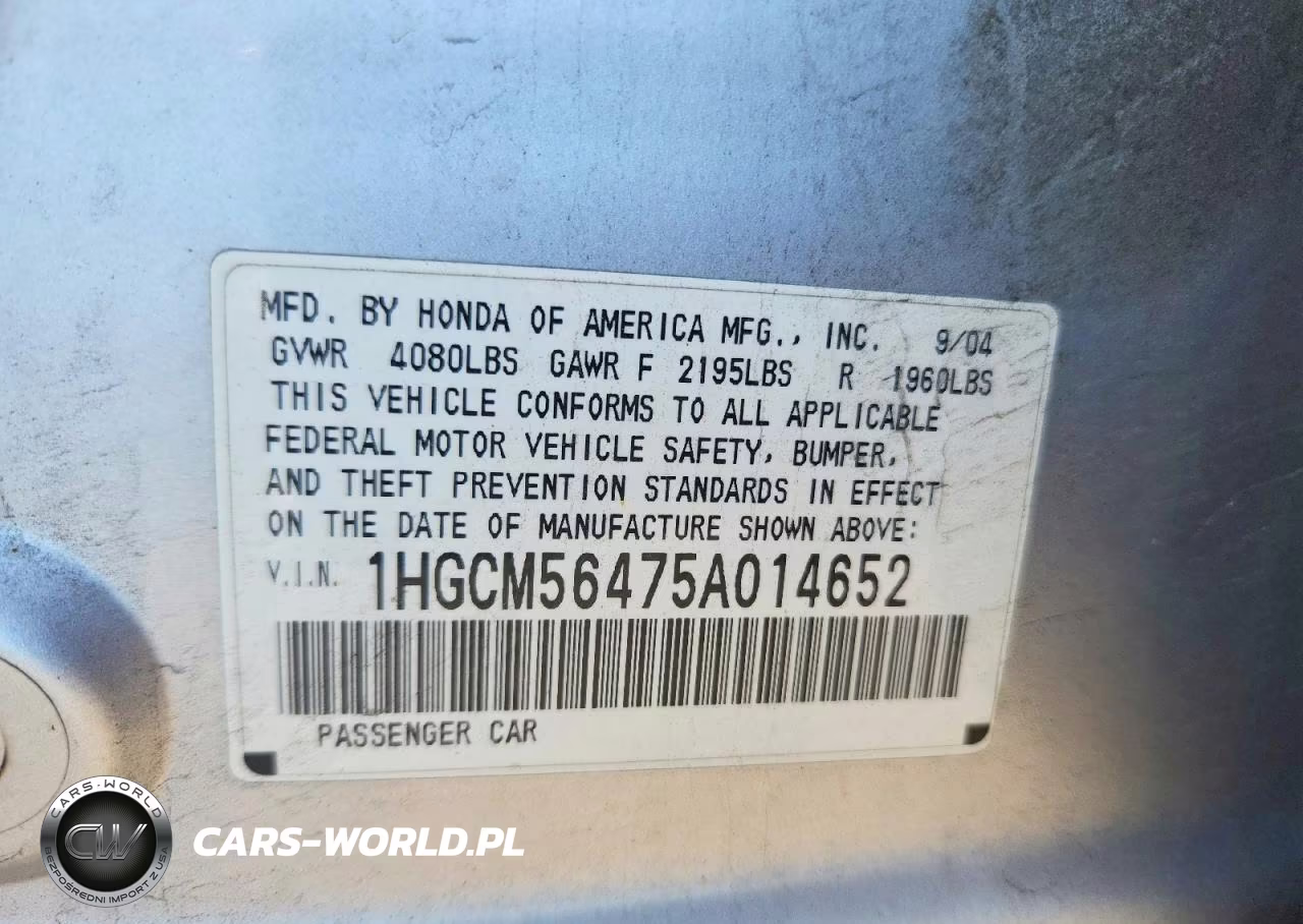 2005 Honda Accord Lx VIN:1HGCM56475A014652 - 12