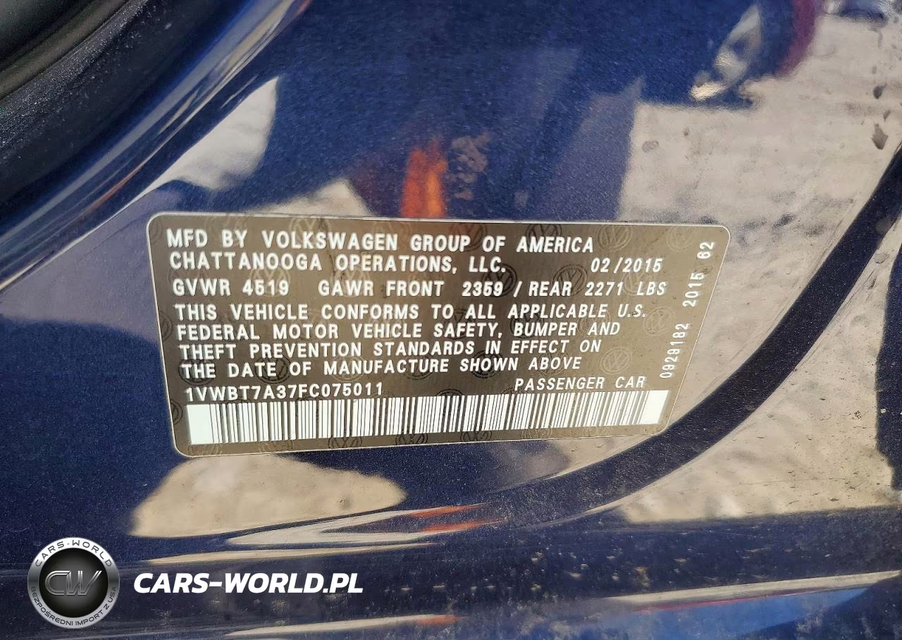 2015 Volkswagen Passat Se VIN:1VWBT7A37FC075011 - 12