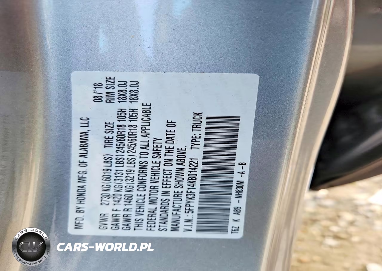 2019 Honda Ridgeline Sport VIN:5FPYK3F14KB014221 - 12