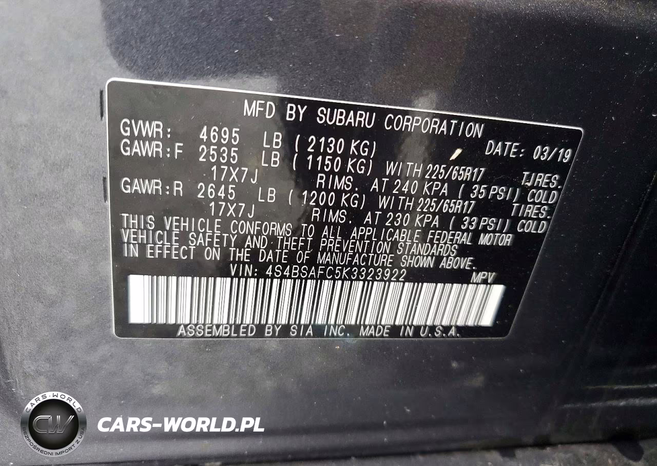 2019 Subaru Outback 2.5I Premium VIN:4S4BSAFC5K3323922 - 14